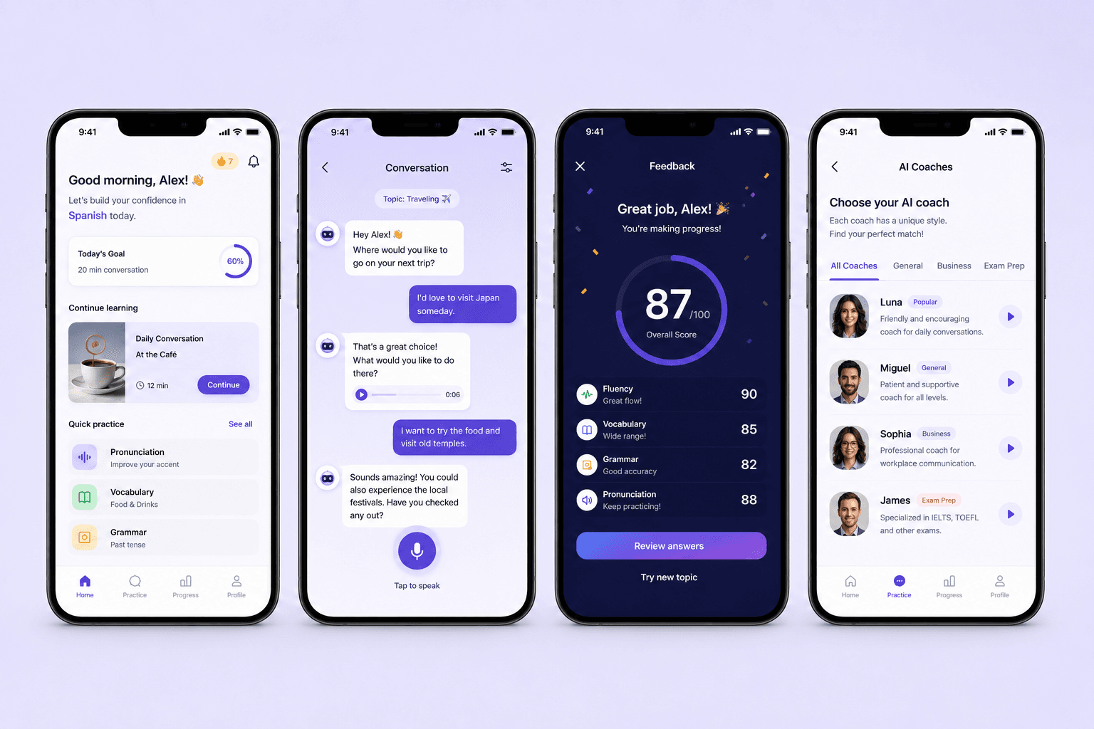 Learning app mobile screens